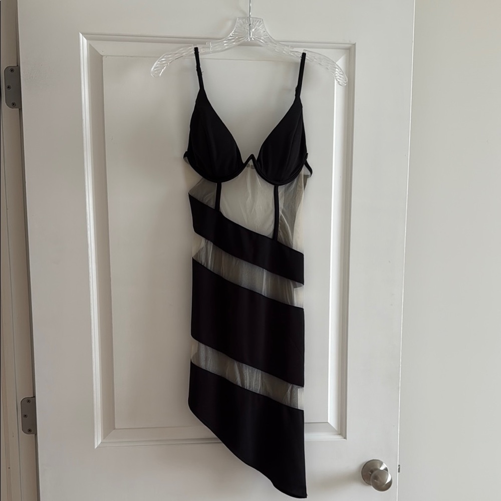 Black and Sheer Striped Asymmetrical Dress